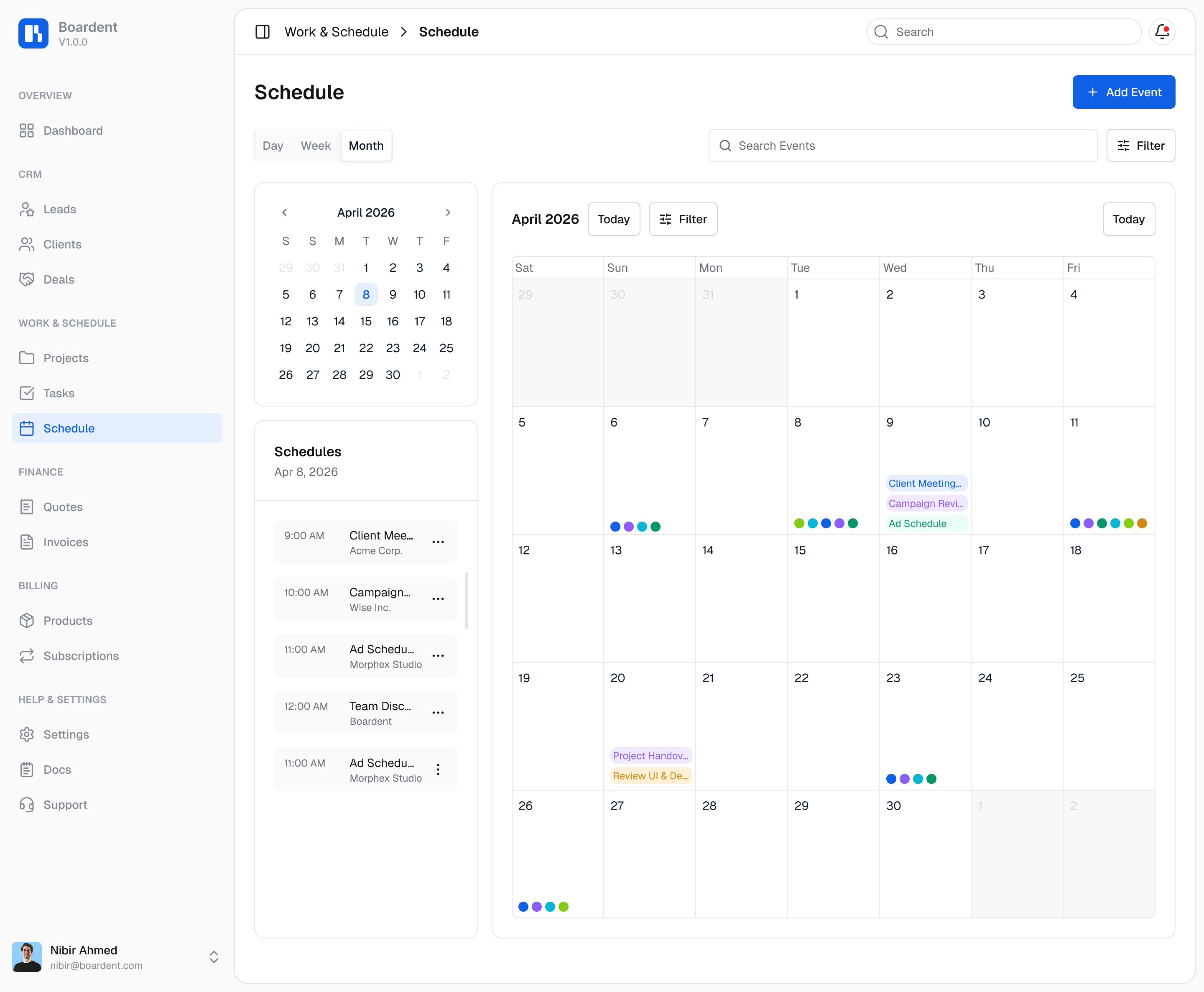 Boardent Schedule dashboard